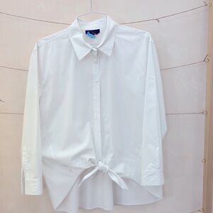 Donna Karan White Casual Button Down Shirt with Tie Detail